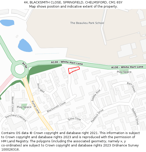 44, BLACKSMITH CLOSE, SPRINGFIELD, CHELMSFORD, CM1 6SY: Location map and indicative extent of plot