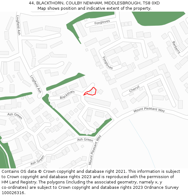 44, BLACKTHORN, COULBY NEWHAM, MIDDLESBROUGH, TS8 0XD: Location map and indicative extent of plot