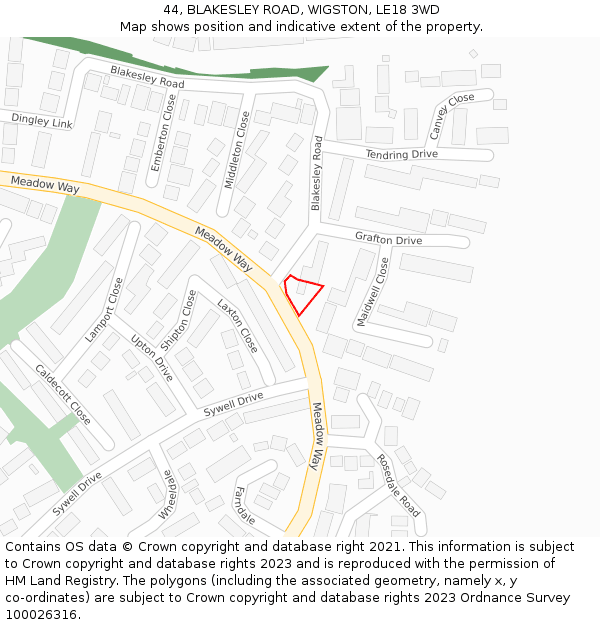 44, BLAKESLEY ROAD, WIGSTON, LE18 3WD: Location map and indicative extent of plot