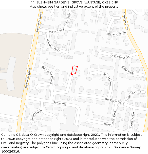 44, BLENHEIM GARDENS, GROVE, WANTAGE, OX12 0NP: Location map and indicative extent of plot