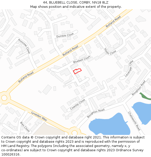 44, BLUEBELL CLOSE, CORBY, NN18 8LZ: Location map and indicative extent of plot