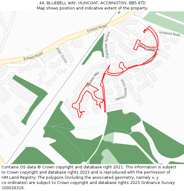 44, BLUEBELL WAY, HUNCOAT, ACCRINGTON, BB5 6TD: Location map and indicative extent of plot