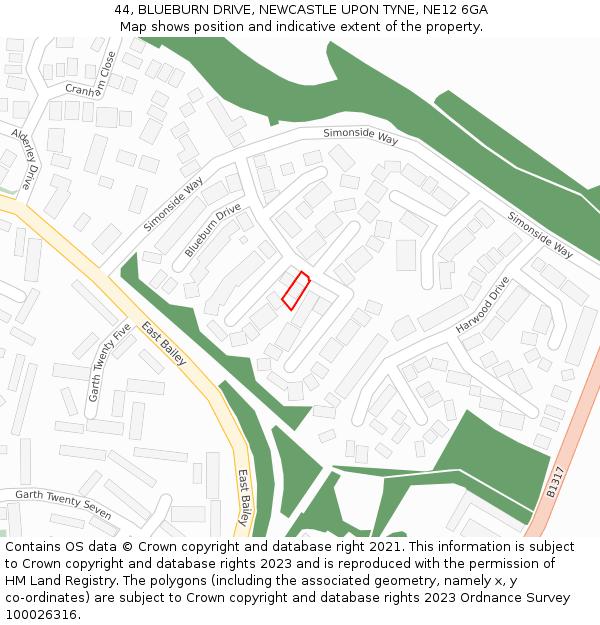 44, BLUEBURN DRIVE, NEWCASTLE UPON TYNE, NE12 6GA: Location map and indicative extent of plot