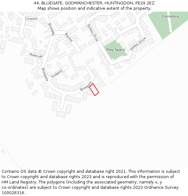 44, BLUEGATE, GODMANCHESTER, HUNTINGDON, PE29 2EZ: Location map and indicative extent of plot