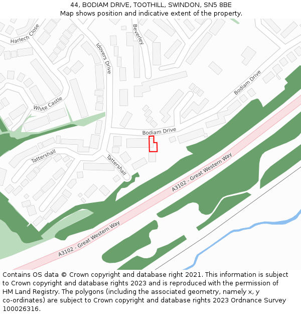 44, BODIAM DRIVE, TOOTHILL, SWINDON, SN5 8BE: Location map and indicative extent of plot