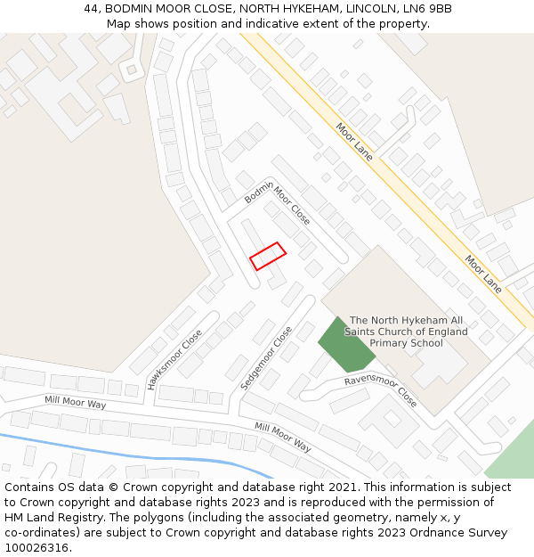 44, BODMIN MOOR CLOSE, NORTH HYKEHAM, LINCOLN, LN6 9BB: Location map and indicative extent of plot