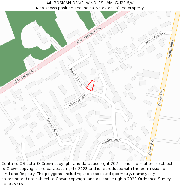 44, BOSMAN DRIVE, WINDLESHAM, GU20 6JW: Location map and indicative extent of plot