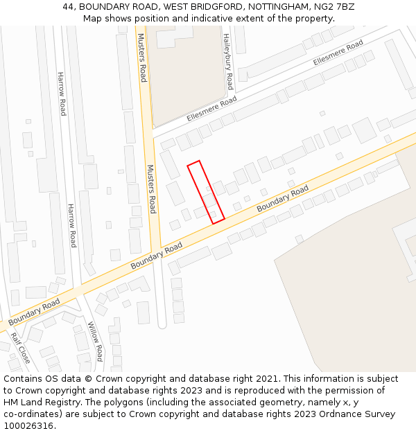 44, BOUNDARY ROAD, WEST BRIDGFORD, NOTTINGHAM, NG2 7BZ: Location map and indicative extent of plot