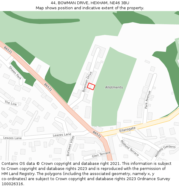 44, BOWMAN DRIVE, HEXHAM, NE46 3BU: Location map and indicative extent of plot