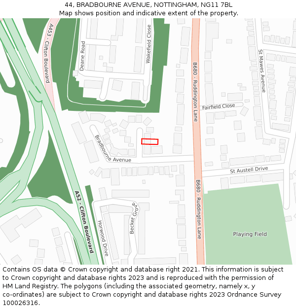 44, BRADBOURNE AVENUE, NOTTINGHAM, NG11 7BL: Location map and indicative extent of plot