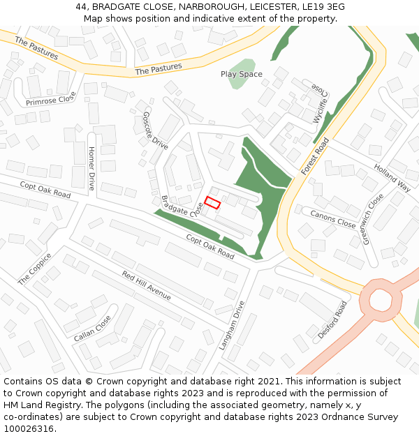 44, BRADGATE CLOSE, NARBOROUGH, LEICESTER, LE19 3EG: Location map and indicative extent of plot