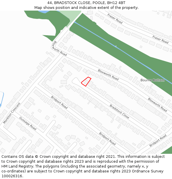 44, BRADSTOCK CLOSE, POOLE, BH12 4BT: Location map and indicative extent of plot