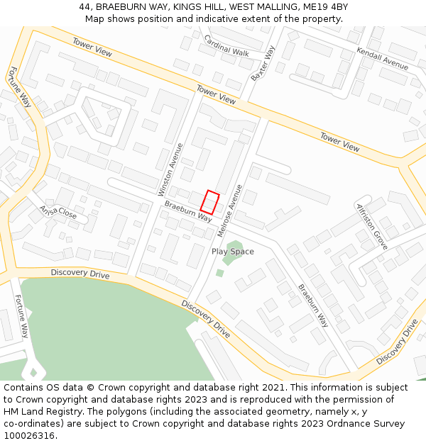 44, BRAEBURN WAY, KINGS HILL, WEST MALLING, ME19 4BY: Location map and indicative extent of plot