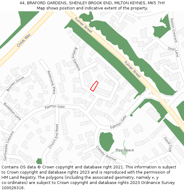 44, BRAFORD GARDENS, SHENLEY BROOK END, MILTON KEYNES, MK5 7HY: Location map and indicative extent of plot