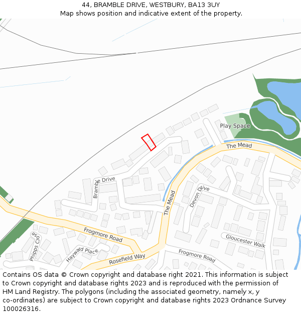 44, BRAMBLE DRIVE, WESTBURY, BA13 3UY: Location map and indicative extent of plot