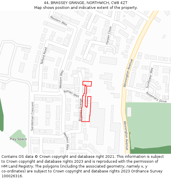 44, BRASSEY GRANGE, NORTHWICH, CW8 4ZT: Location map and indicative extent of plot