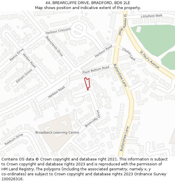 44, BREARCLIFFE DRIVE, BRADFORD, BD6 2LE: Location map and indicative extent of plot