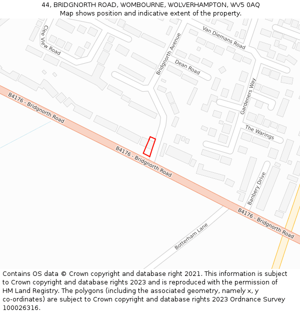 44, BRIDGNORTH ROAD, WOMBOURNE, WOLVERHAMPTON, WV5 0AQ: Location map and indicative extent of plot