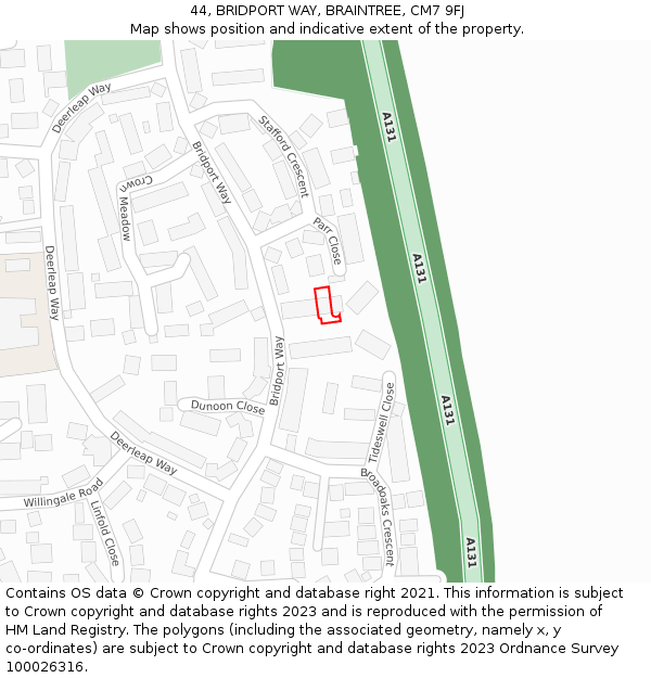 44, BRIDPORT WAY, BRAINTREE, CM7 9FJ: Location map and indicative extent of plot