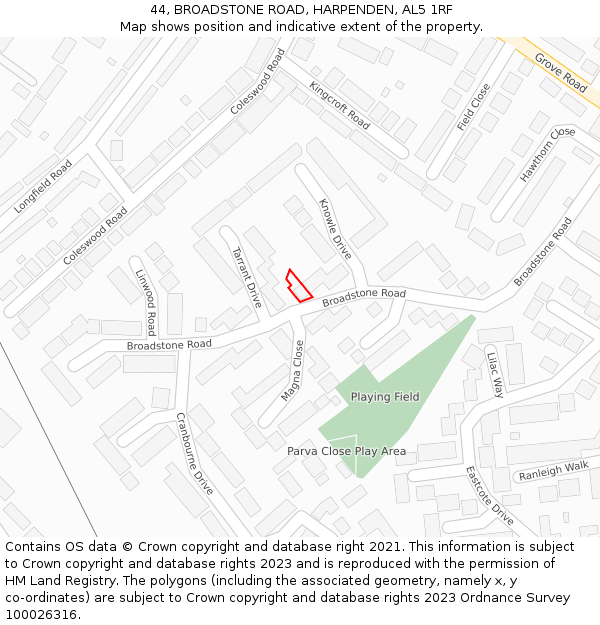 44, BROADSTONE ROAD, HARPENDEN, AL5 1RF: Location map and indicative extent of plot