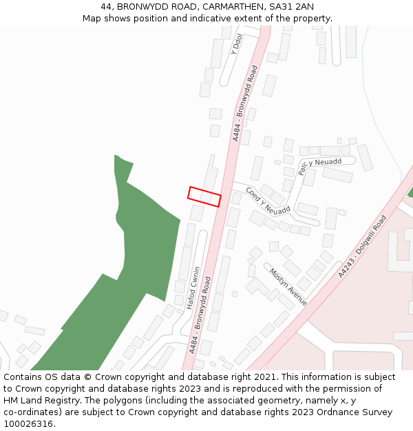 44, BRONWYDD ROAD, CARMARTHEN, SA31 2AN: Location map and indicative extent of plot