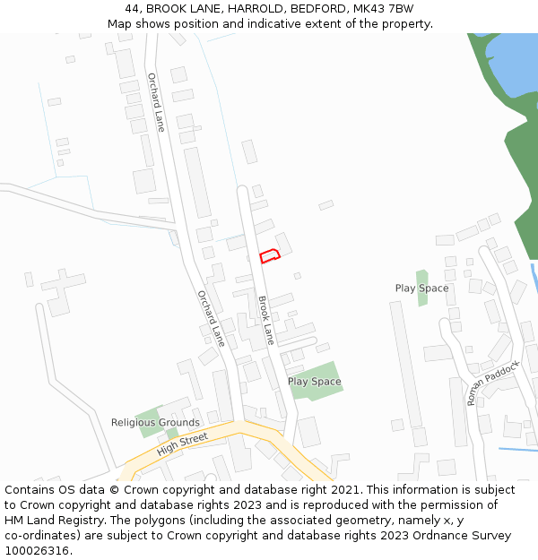 44, BROOK LANE, HARROLD, BEDFORD, MK43 7BW: Location map and indicative extent of plot