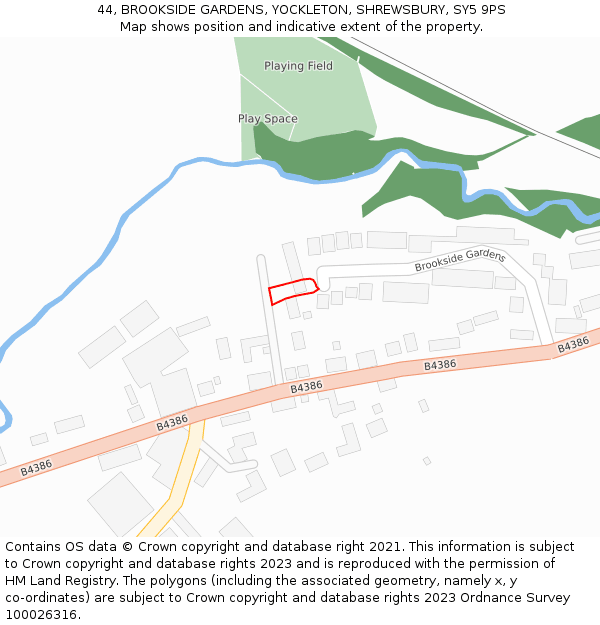 44, BROOKSIDE GARDENS, YOCKLETON, SHREWSBURY, SY5 9PS: Location map and indicative extent of plot