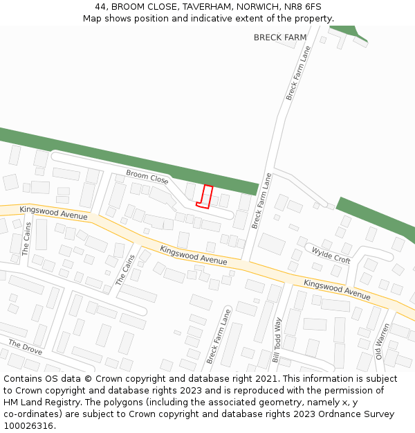 44, BROOM CLOSE, TAVERHAM, NORWICH, NR8 6FS: Location map and indicative extent of plot
