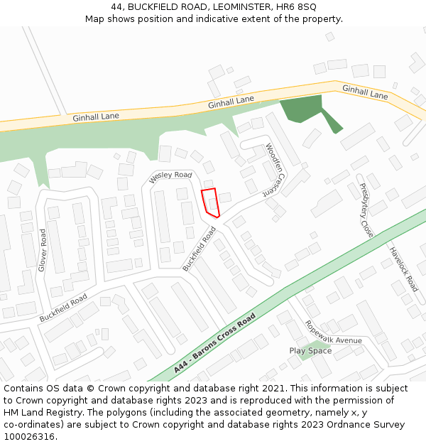 44, BUCKFIELD ROAD, LEOMINSTER, HR6 8SQ: Location map and indicative extent of plot