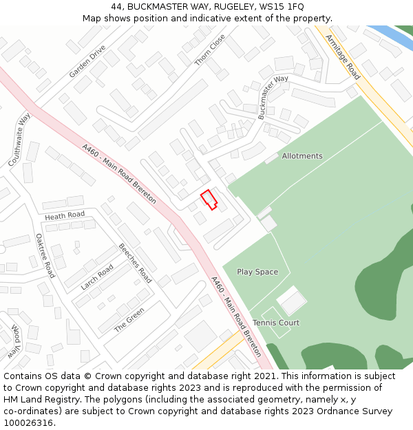 44, BUCKMASTER WAY, RUGELEY, WS15 1FQ: Location map and indicative extent of plot
