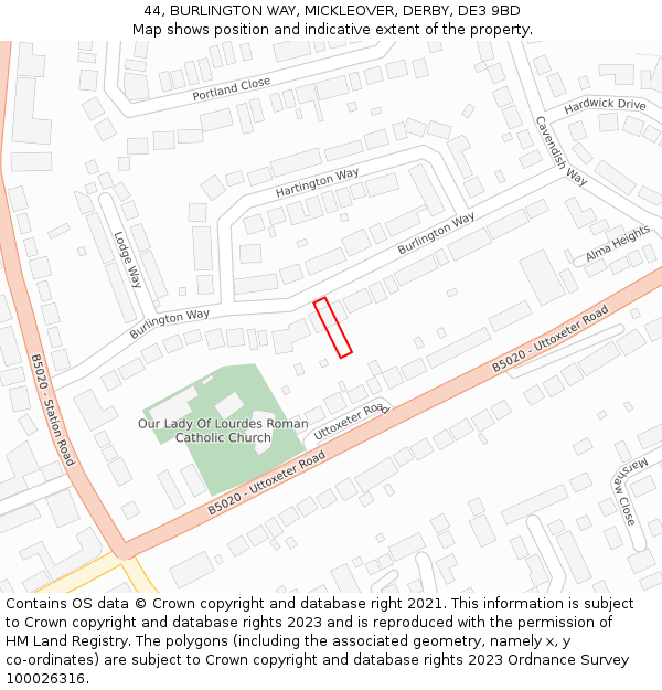 44, BURLINGTON WAY, MICKLEOVER, DERBY, DE3 9BD: Location map and indicative extent of plot