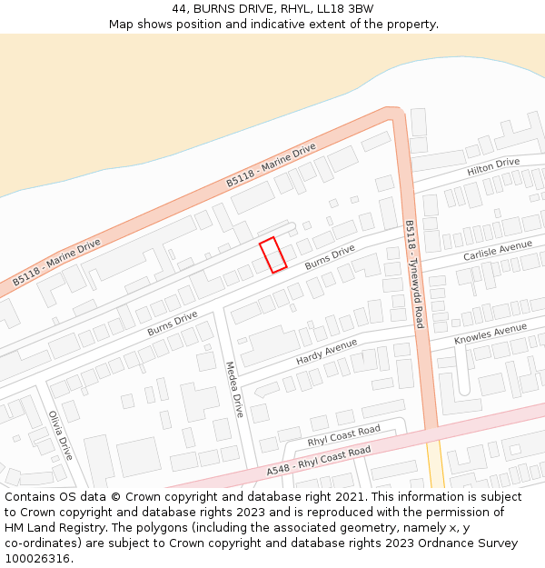 44, BURNS DRIVE, RHYL, LL18 3BW: Location map and indicative extent of plot