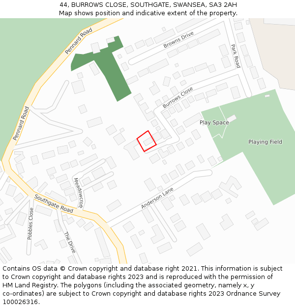 44, BURROWS CLOSE, SOUTHGATE, SWANSEA, SA3 2AH: Location map and indicative extent of plot