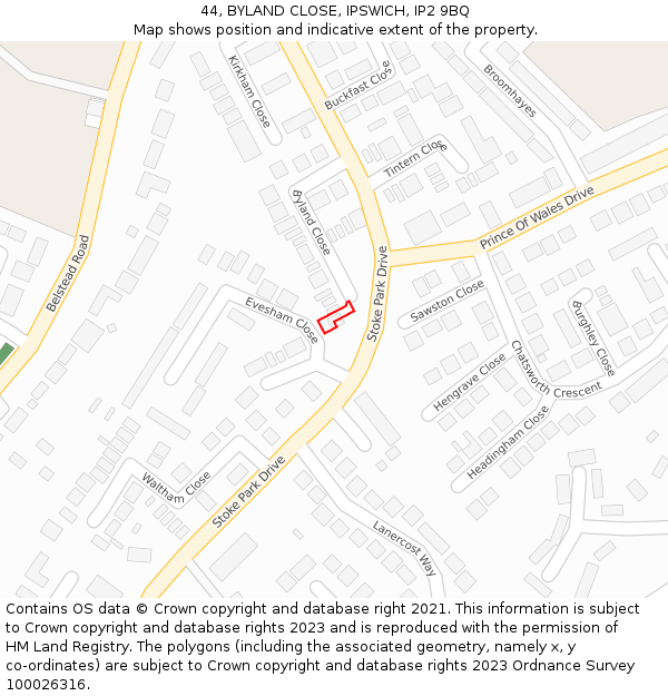 44, BYLAND CLOSE, IPSWICH, IP2 9BQ: Location map and indicative extent of plot