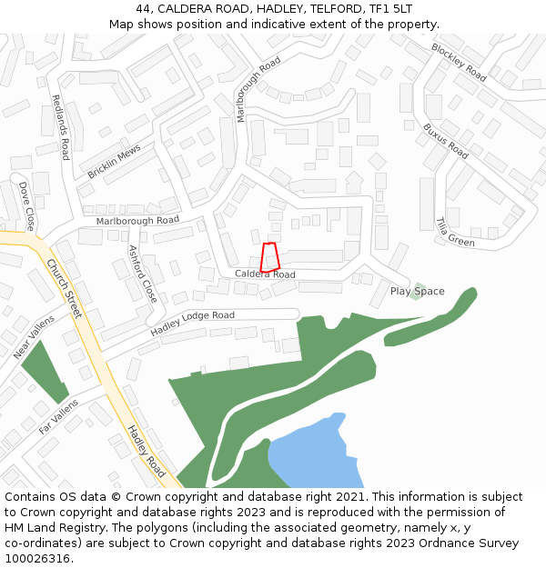 44, CALDERA ROAD, HADLEY, TELFORD, TF1 5LT: Location map and indicative extent of plot