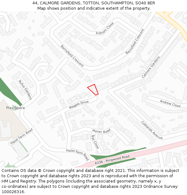 44, CALMORE GARDENS, TOTTON, SOUTHAMPTON, SO40 8ER: Location map and indicative extent of plot