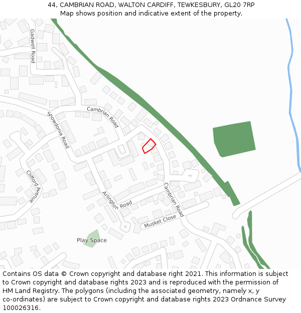 44, CAMBRIAN ROAD, WALTON CARDIFF, TEWKESBURY, GL20 7RP: Location map and indicative extent of plot