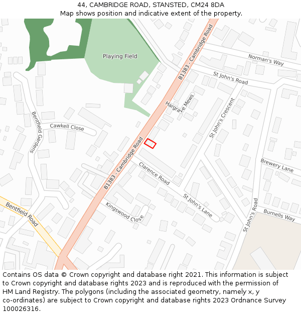 44, CAMBRIDGE ROAD, STANSTED, CM24 8DA: Location map and indicative extent of plot