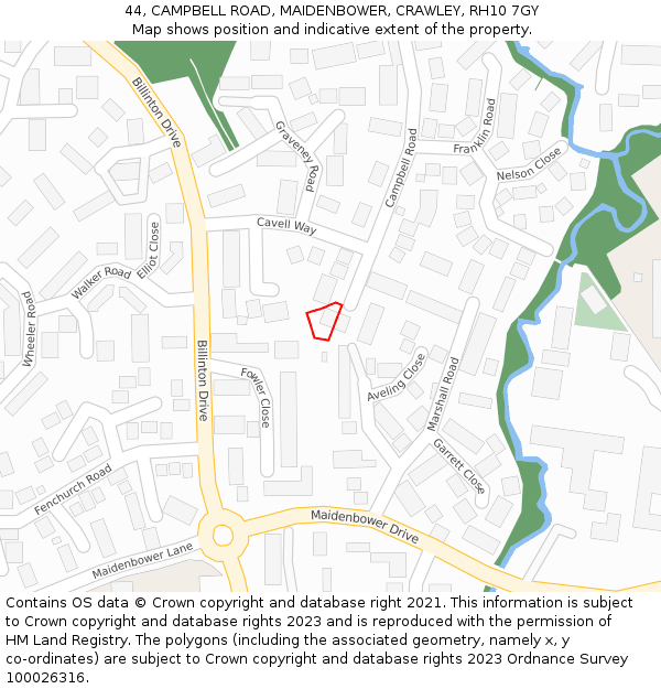 44, CAMPBELL ROAD, MAIDENBOWER, CRAWLEY, RH10 7GY: Location map and indicative extent of plot