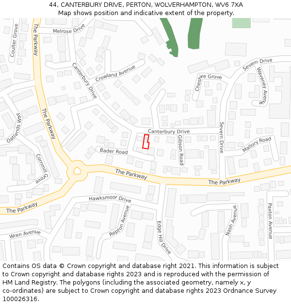 44, CANTERBURY DRIVE, PERTON, WOLVERHAMPTON, WV6 7XA: Location map and indicative extent of plot