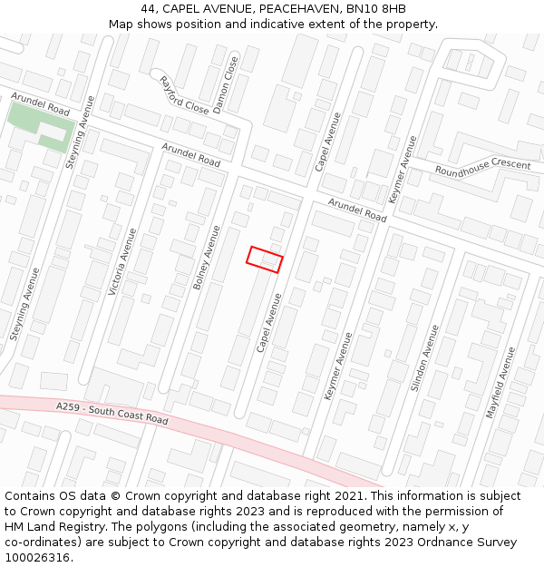 44, CAPEL AVENUE, PEACEHAVEN, BN10 8HB: Location map and indicative extent of plot