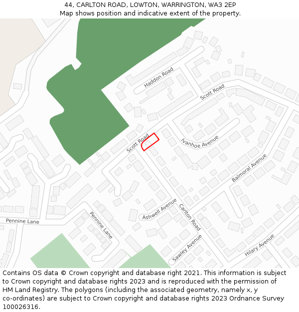 44, CARLTON ROAD, LOWTON, WARRINGTON, WA3 2EP: Location map and indicative extent of plot