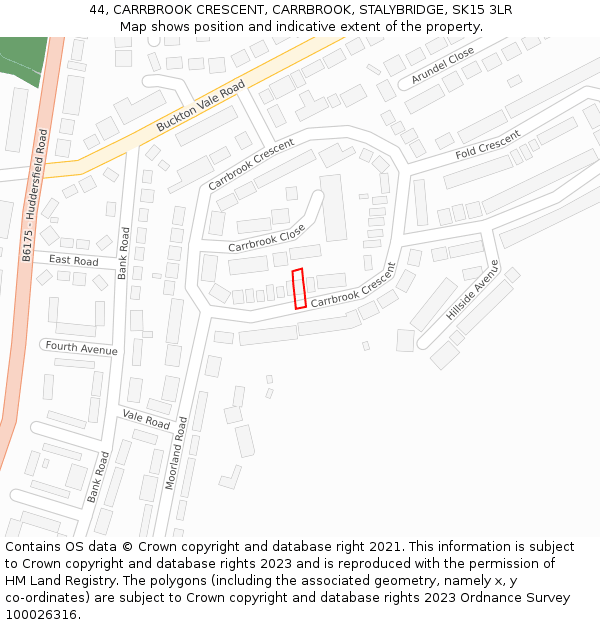 44, CARRBROOK CRESCENT, CARRBROOK, STALYBRIDGE, SK15 3LR: Location map and indicative extent of plot