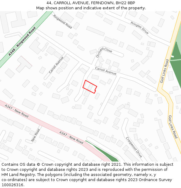 44, CARROLL AVENUE, FERNDOWN, BH22 8BP: Location map and indicative extent of plot