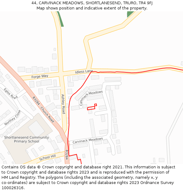 44, CARVINACK MEADOWS, SHORTLANESEND, TRURO, TR4 9FJ: Location map and indicative extent of plot