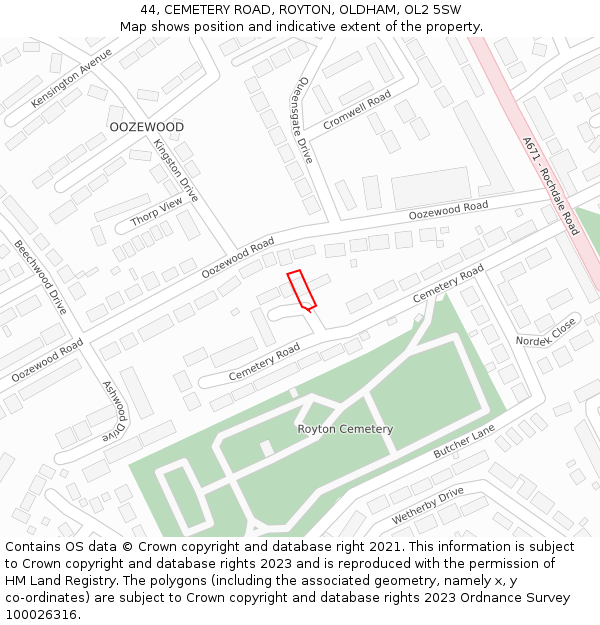 44, CEMETERY ROAD, ROYTON, OLDHAM, OL2 5SW: Location map and indicative extent of plot