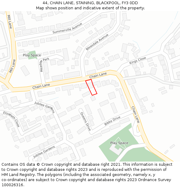 44, CHAIN LANE, STAINING, BLACKPOOL, FY3 0DD: Location map and indicative extent of plot