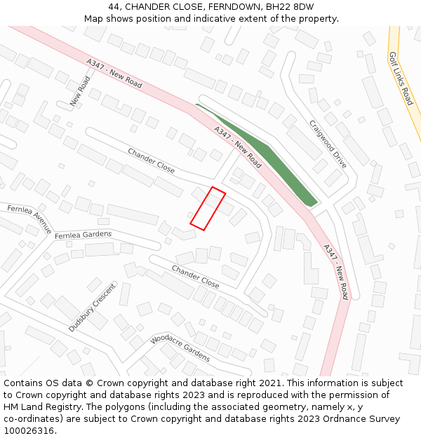 44, CHANDER CLOSE, FERNDOWN, BH22 8DW: Location map and indicative extent of plot