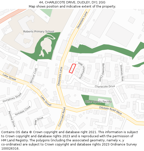 44, CHARLECOTE DRIVE, DUDLEY, DY1 2GG: Location map and indicative extent of plot