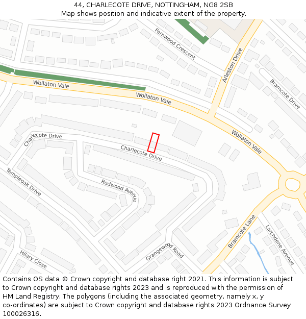 44, CHARLECOTE DRIVE, NOTTINGHAM, NG8 2SB: Location map and indicative extent of plot